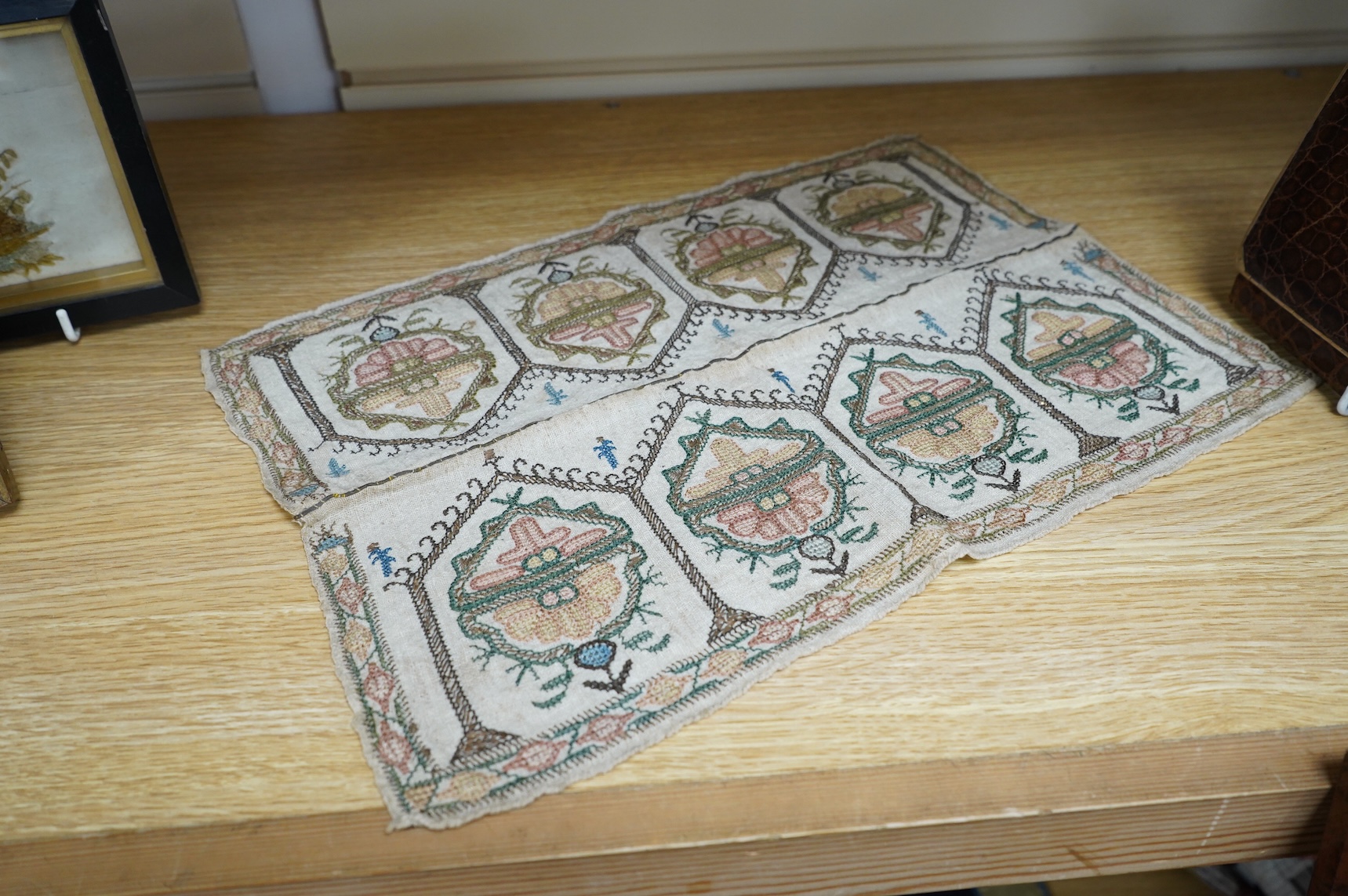 Two 19th century Turkish hand embroidered towel ends sewn together later as a table centre. Worked on fine hand woven linen in polychrome silks with gold metallic thread fillings, 39.5cm wide x 26.5cm deep. Condition - t